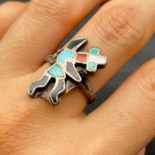 Petite Vintage Zuni Kachina Turquoise MOP Coral Silver Ring Size 7