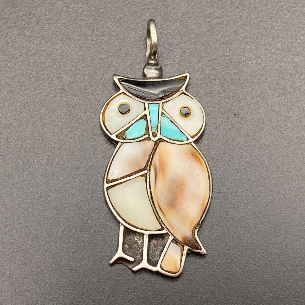 Vintage Zuni Native Owl Bird Turquoise MOP Shell Inlay Silver Pendant