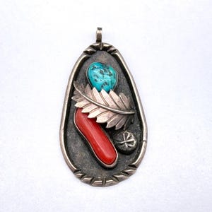 Vintage Navajo Native Turquoise Coral Silver Pendant