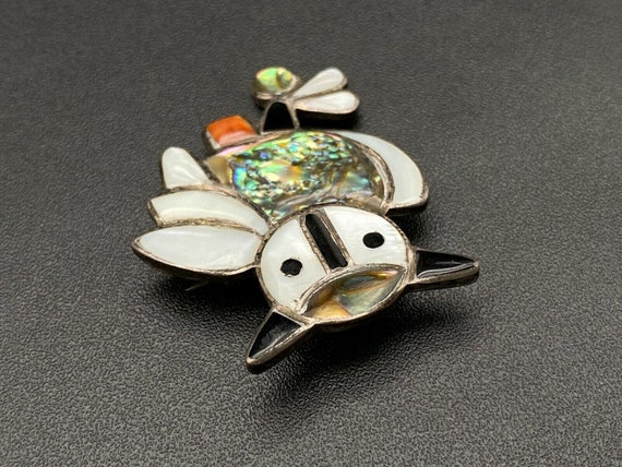 Vintage Zuni Indian Owl MOP Coral Silver Pin Broo… - image 6