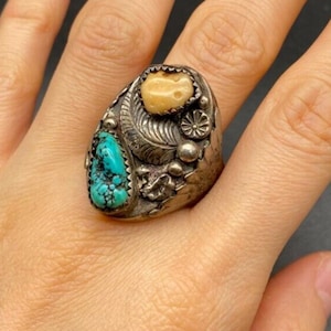 Vintage Navajo Native Pawn Turquoise Coral Silver Ring Size 12.5