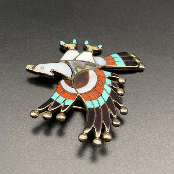 Turquoise Inlay Eagle Vintage Zuni Native Dishta Eagle Turquoise Coral Inla… - Gem