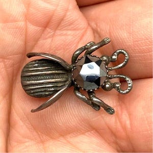 Könnte beinhalten: Silberfarbene Spinnenbrosche mit einem facettierten, dunkelgrauen Edelstein in der Mitte. Die Spinne hat detaillierte Beine, einen gerippten Hinterleib und gebogene Antennen. Die Brosche besteht wahrscheinlich aus einer Metalllegierung.