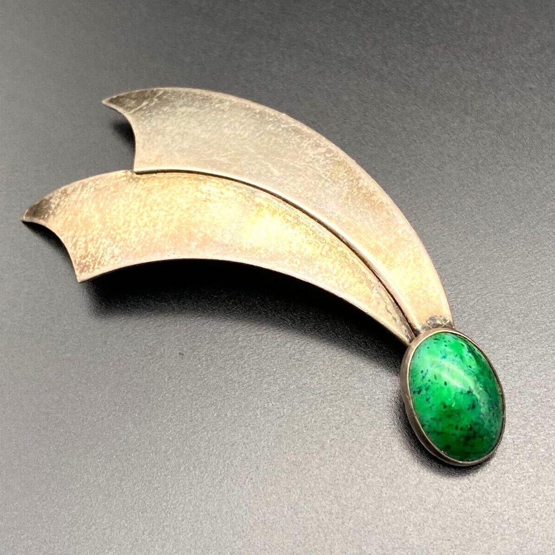 Vintage Modernist Falling Star Green Stone Israel Sterling Silver Pin ...