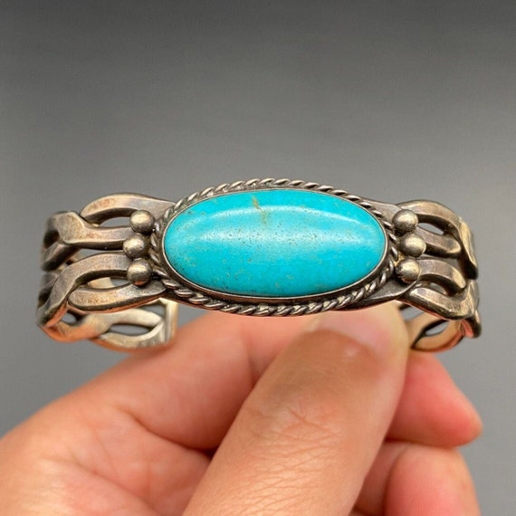 Vintage Navajo Turquoise Silver Twist Cuff Bracel… - image 1