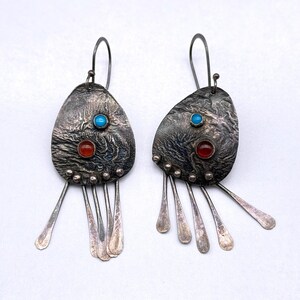 Vintage Modernist Abstract Turquoise Carnelian Textured Silver Dangle Earrings