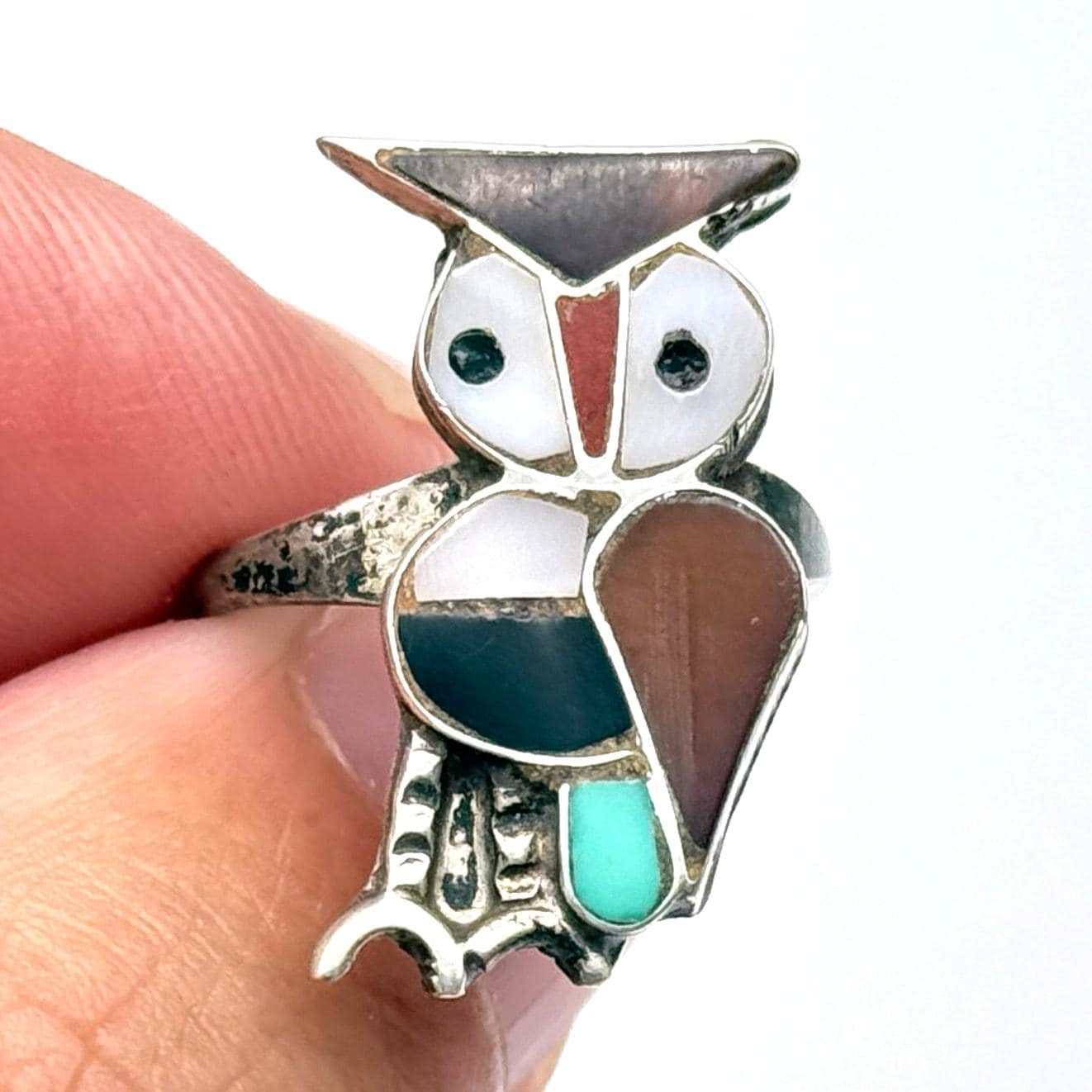 Petite Vintage Zuni Native Owl Bird Turquoise Shell Inlay Silver Ring Size 3.75