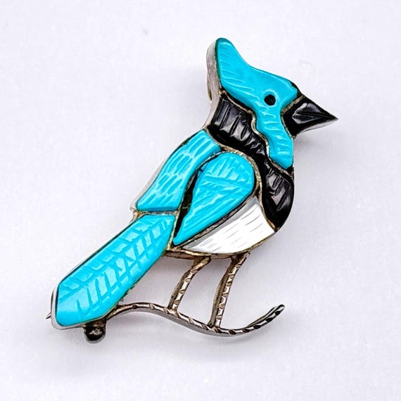 Vintage Zuni Native Blue Jay Bird Turquoise Inlay Silver Pin Brooch Pendant