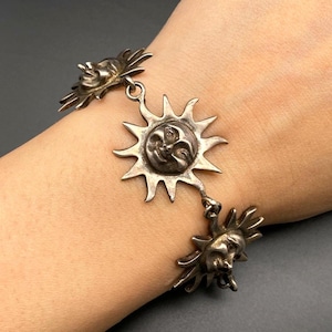 Vintage Smile Sun Face Sterling Silver Link Bracelet 7-1/2&quot;