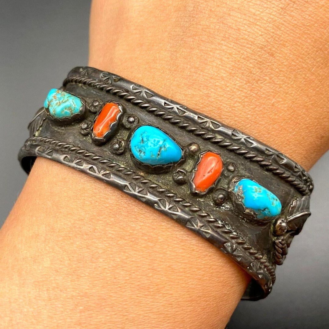 Vintage Navajo Native Turquoise Coral Stampwork Silver Bracelet Cuff 6 ...