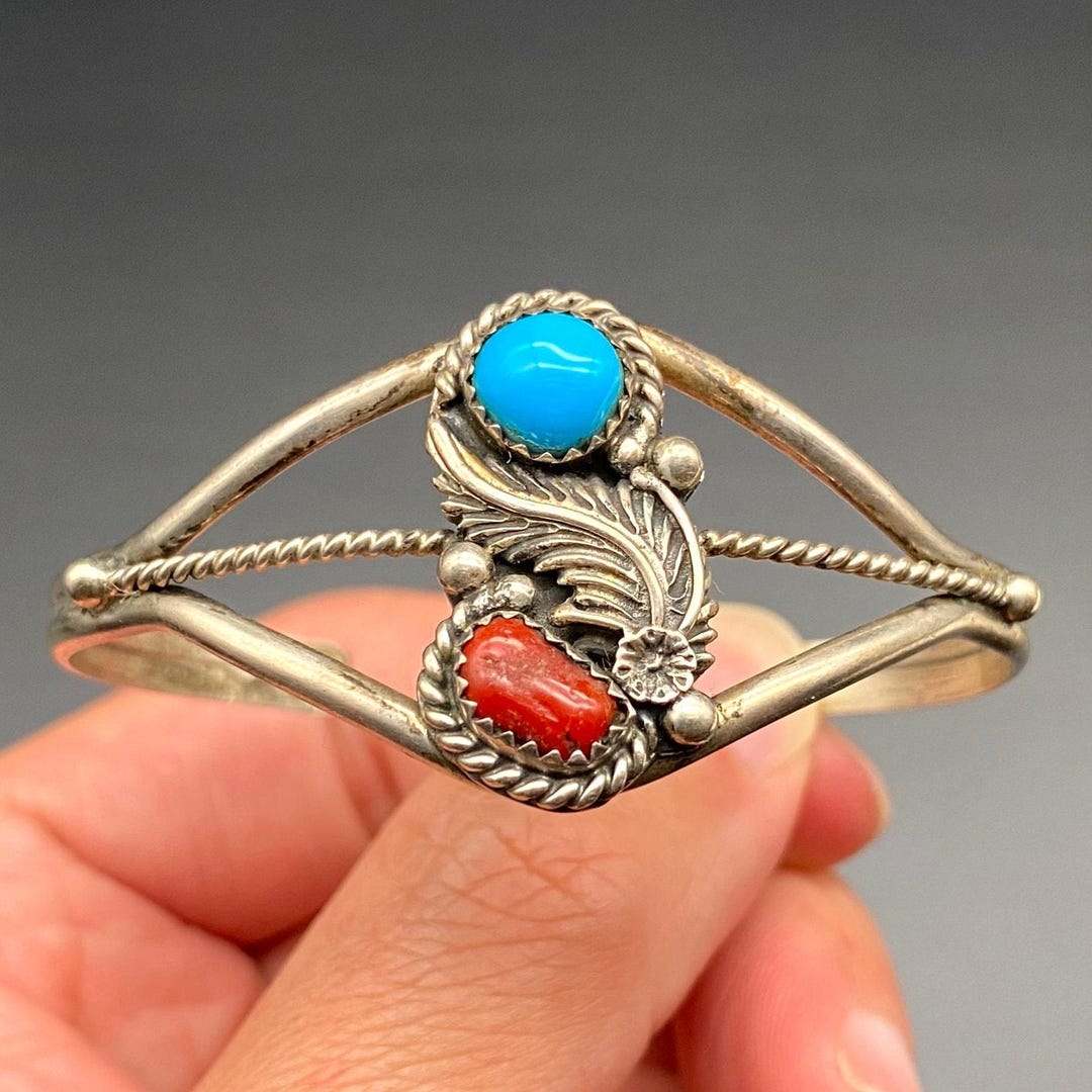 Vintage Navajo Native Turquoise Coral Sterling Silver Bracelet Cuff ...