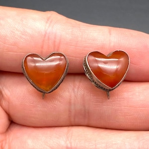 Vintage Heart Agate Sterling Silver Screw Back Earrings