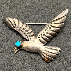 Vintage Navajo Native Bird Turquoise Hand Stampwork Silver Brooch Pin