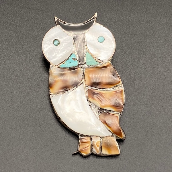 Vintage Zuni Owl Bird Turquoise Shell MOP Silver Pin Brooch