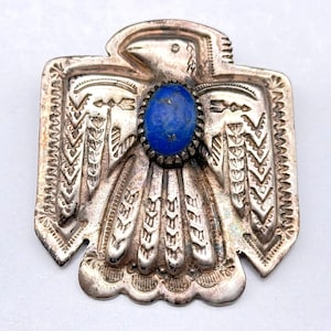 Spilla vintage in argento sterling con francobolli Southwestern Thunderbird Lapislazzuli