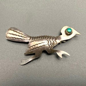 Vintage Navajo Native Roadrunner Bird Turquoise Silver Stampwork Brooch Pin