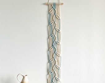 Long narrow vertical wall art blue and cream, macrame vine made in ireland, new house gift ideas, 45 inches