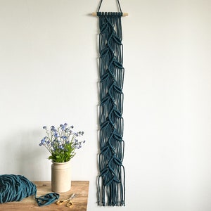 Narrow wall hanging ‘peacock blue’, woodland leaf decor, vertical tapestry, 45 inches