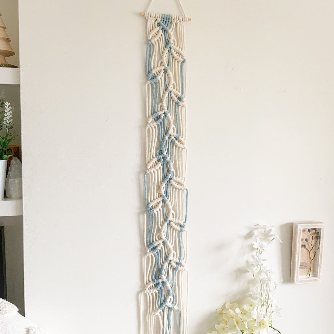 Long Narrow Vertical Wall Art Blue and Cream, Macrame Vine Made in