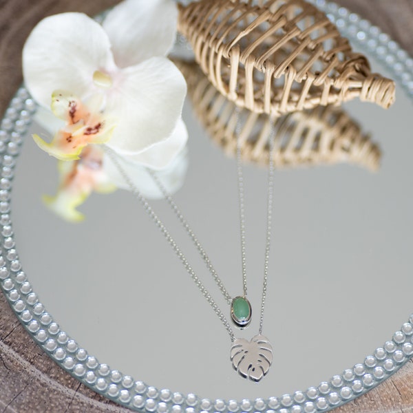 Collier  double en argent 925 Rhodié - Pierre aventurine - Style Tropical - Cadeau