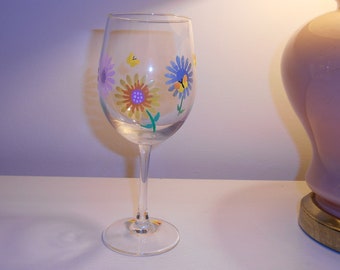Spring Flowers Wine Glass, Hand painted, 12 oz wine glass, spring flowers, Free Shipping