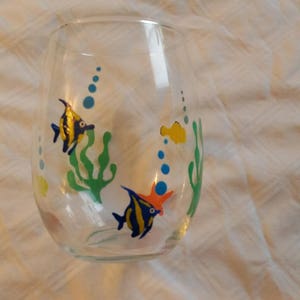 Fishy stemless wine Glass, stemless, hand painted, 18oz, no stem, juice glass
