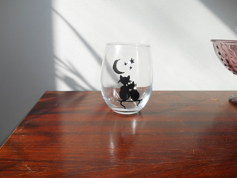 hand painted 18oz black cats Cat Pals wine Glass no stem stemless
