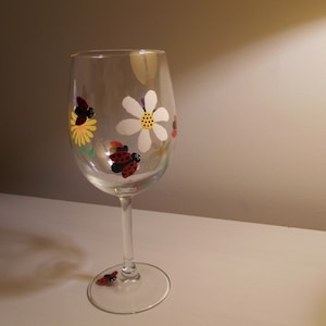 Summer Flowers Wine Glass, Hand painted, 12 oz wine glass, Summer Flowers and Ladybugs