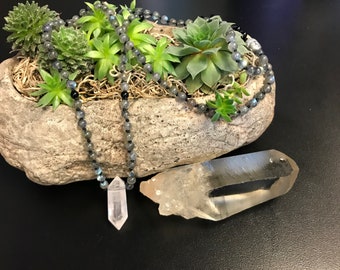 Labradorite, Onyx & Quartz Mala