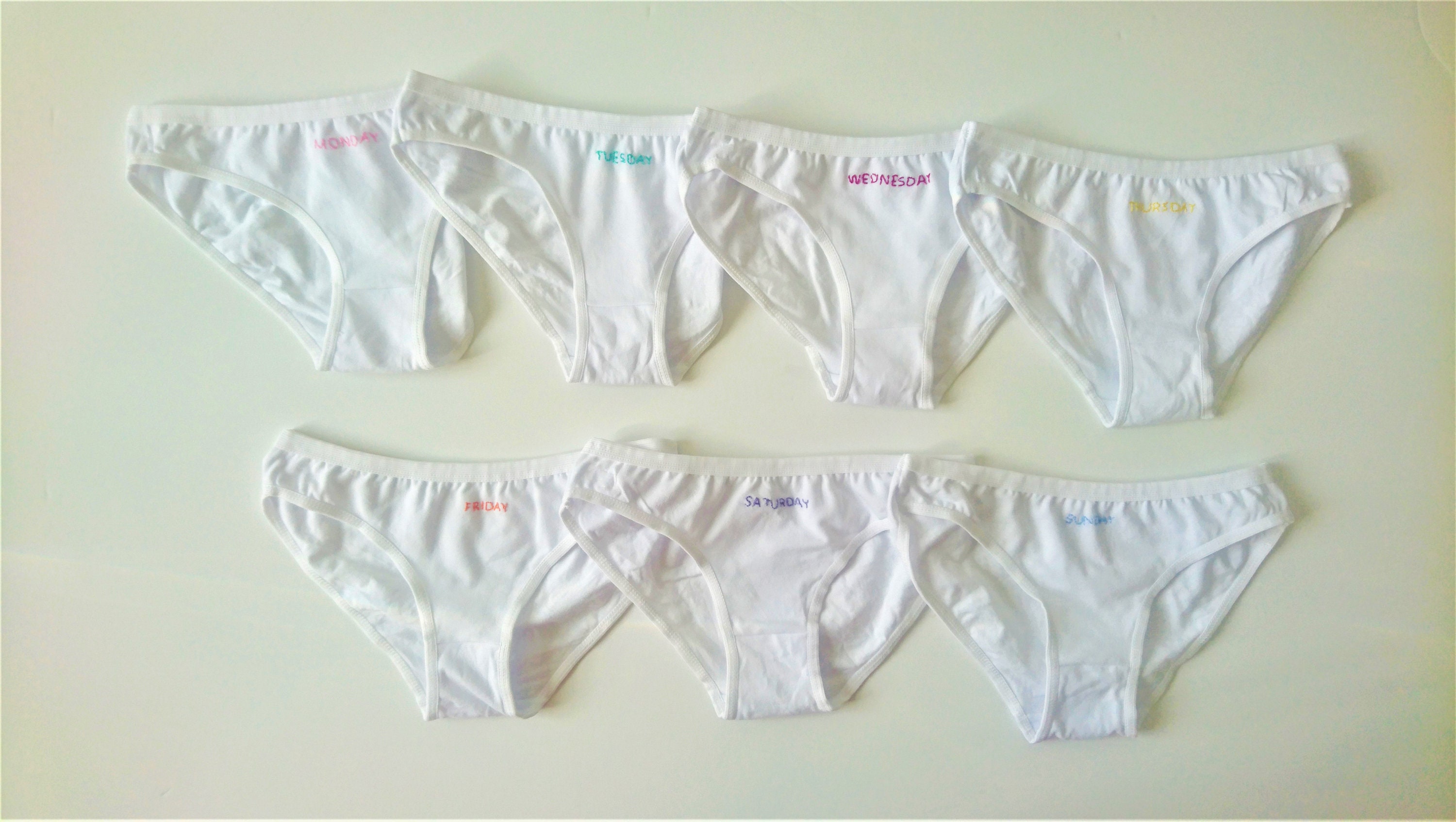 Set of Seven Days Panties Hand Embroidered Days of the Week Panties Bikini  Brazilian String White Cotton Panties Funny Underwear Made2order 