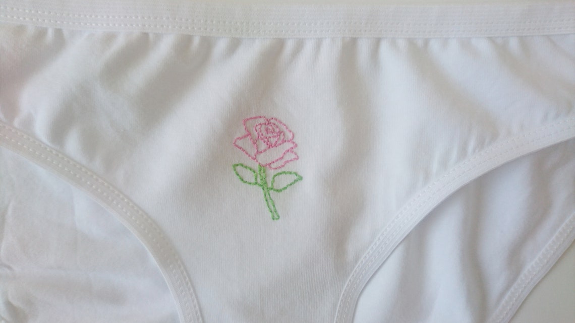Pink Rose Panties Hand Embroidered Panties White Cotton Underwear Hand