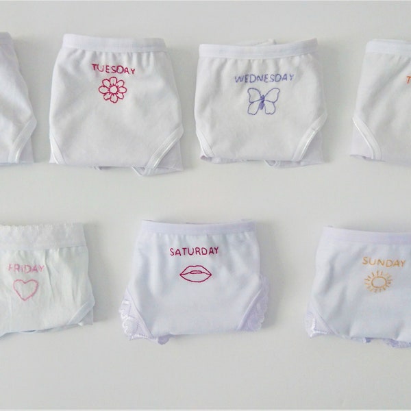 7 days set panties Hand embroidered days of the week undies Bikini Brazilian String White cotton womens underwear Made to Order