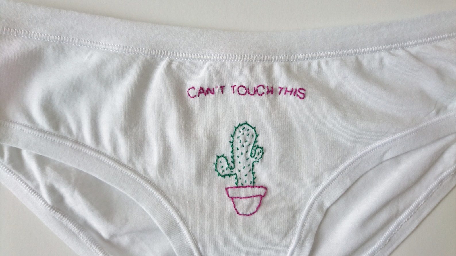 Can't Touch This Panties Hand Embroidery Underwear White Cotton Bikini