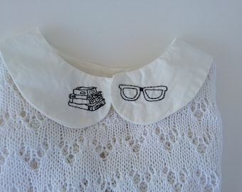 Back to school collar Hand embroidery collar Peter pan collar Detachable white cotton collar Hand embroidered glasses books.Made 2 order