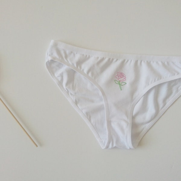 Pink rose panties Hand embroidered panties White cotton underwear Hand embroidered rose Funny bikini panties Made to Order