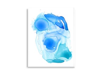 May include: An abstract art print featuring fluid ink washes in various shades of blue, ranging from deep cobalt to light cyan. The composition consists of organic, translucent shapes and soft edges on a plain white background, creating a layered effect.