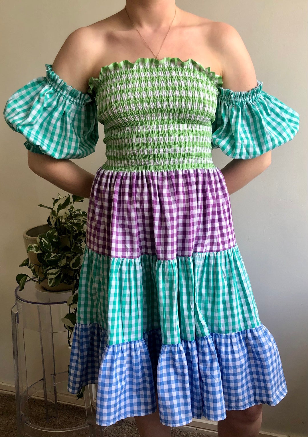 'Unicorn Meadows' - Pastel Rainbow Gingham Puff Sleeve Dress with Scalloped Embroidered Hem
