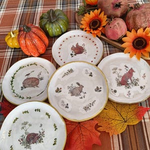 Può includere: Una collezione di piatti bianchi decorativi con bordi dorati, ognuno con un'illustrazione di un animale del bosco. I piatti sono disposti con zucche, girasoli e melograni su una tovaglia a quadri, creando un tema autunnale.