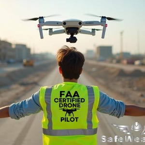 May include: A person wearing a yellow safety vest with the text "FAA Certified Drone Pilot" and a drone icon. The person is standing on a paved road with a drone flying overhead.