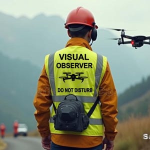 May include: A person wearing a yellow safety vest with the text "VISUAL OBSERVER" and a drone icon, and the words "DO NOT DISTURB". The person is wearing a red hard hat and is looking at a black drone flying in the air.