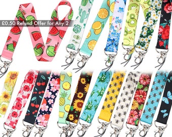 FLOWER & FRUIT LANYARD - Accessory Badge Id Card Office Holder Key Travel Strap Floral Polyester Birthday Christmas Family Friend Women Gift