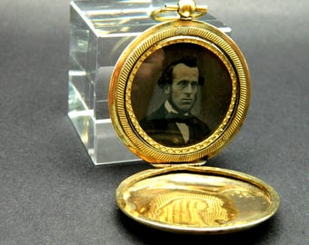 Victorian Locket Pendant: Gold-Tone Tintype Photo, Antique Display Case