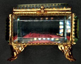 Bedazzling Antique Gilded Jewellery Casket / Trinket Box: French (Napoleon III). Gilt Brass, Silk & Glass