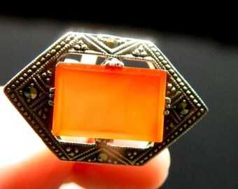 Art Deco Carnelian Marcasite Silver Ring, 1930s Statement Jewelry (Size UK-Q/US-8.5)