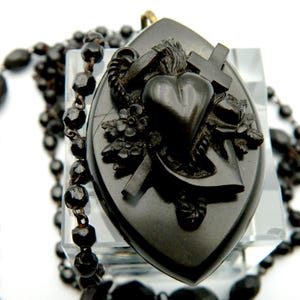 Victorian "FAITH, HOPE & CHARITY" Locket Necklace (Gothic Style): Vulcanite Mourning Jewellery (In Antique Plush Quality Case).