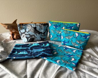 Large Shark Print Zipper Bags, Quilted Cotton Pouches, Handmade Accessory Bags