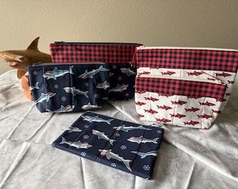 Holiday Shark Zipper Bags: Santa Sharks, Buffalo Plaid Cotton Pouches