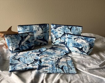 Navy Shark Quilted Zipper Bags, Medium and Large Sizes Available
