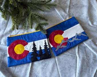 Colorado Flag Zipper Bag with Mountain and Tree Appliques – Handmade Cotton Pouch