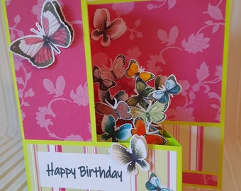 SALE 3d  Pop up card . Happy Birthday  Pink with  Butterflies  FREE SHIPPING